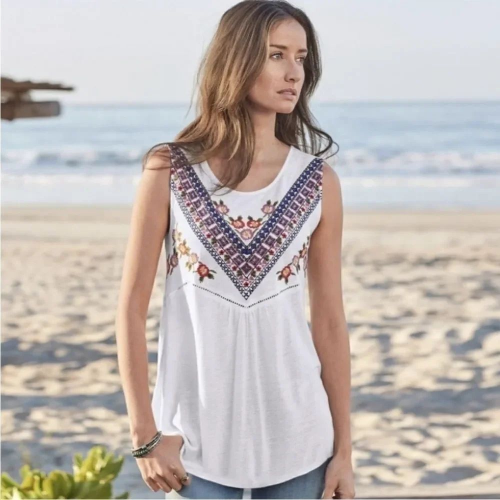 Sundance Idlewild Embroidered Linen Blend Boho Feminine White Sleeveless Top